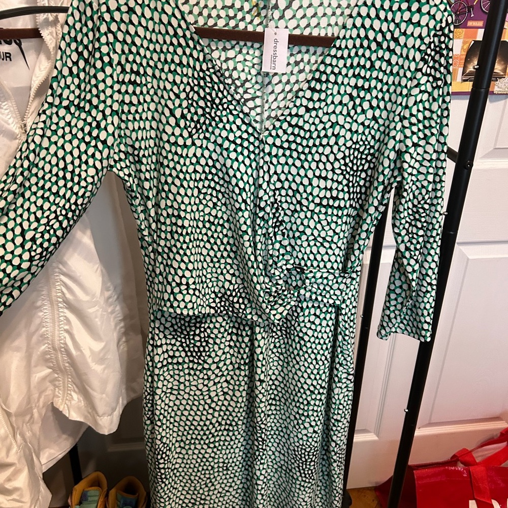 dressbarn Green Polka Dot Long Sleeve Dress